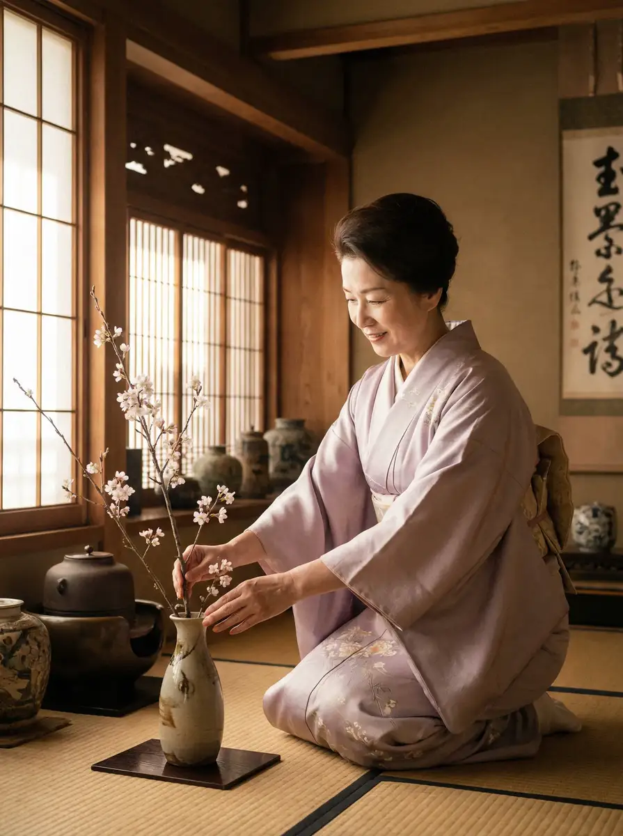 一位优雅的 上位 电影 在和室中插花